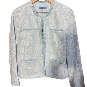 J.McLaughlin Womens Tweed Fringe Trim Open Front Jacket Size S Blue
